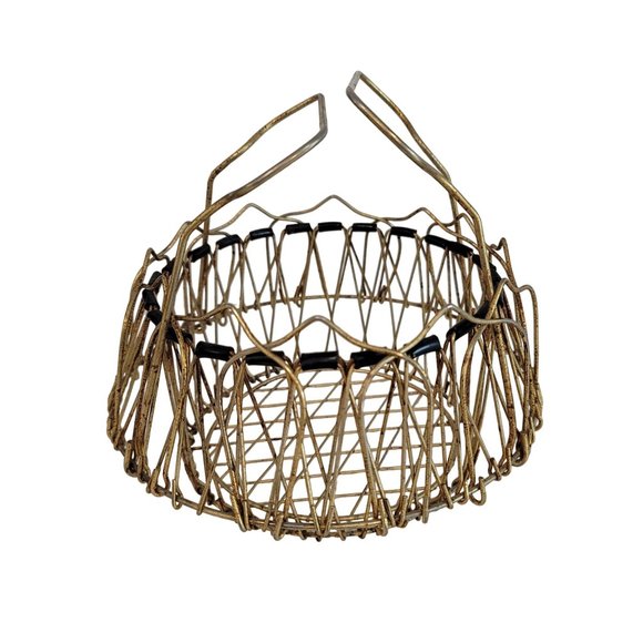 VINTAGE COLLAPSABLE WIRE EGG BASKET FRENCH COUNTRY PRIMITIVE Rare Style Stone Po - Picture 5 of 7